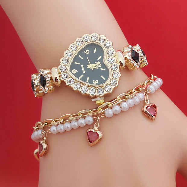 Fashion Love Shape Bracelet Watch Set Diamond Colored Heart Quartz Watch