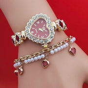 Fashion Love Shape Bracelet Watch Set Diamond Colored Heart Quartz Watch