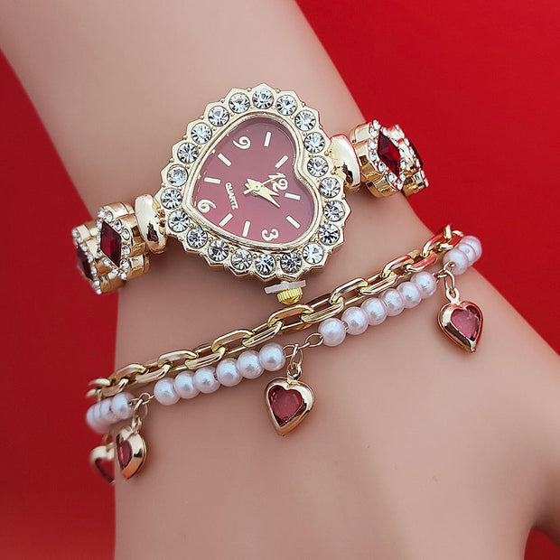 Fashion Love Shape Bracelet Watch Set Diamond Colored Heart Quartz Watch